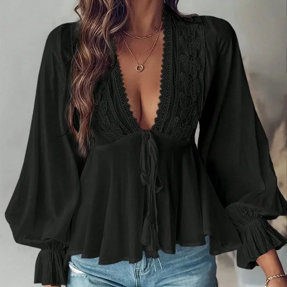 Black Boho Women's Casual Lace Patchwork Ruffle Sleeve Blouse - Picture 3 of 3
